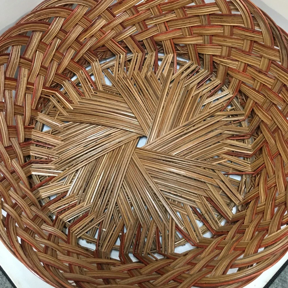 Woven Wicker Basket Home Decor 14 in Brown Round Multi-Tonal Weave Cottagecore